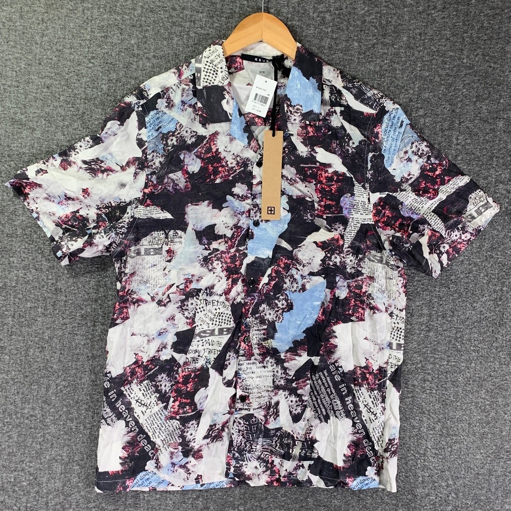 Ksubi Resort Shirt Men Large SS Newspaper Collage Art Grunge Punk Streetwear NEW